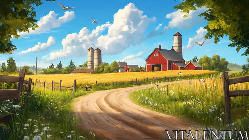 Sunlit country farmstead curves along a quiet dirt lane.