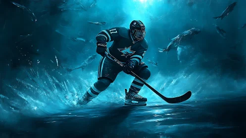 Hockey player skating hard on icy blue arena background.