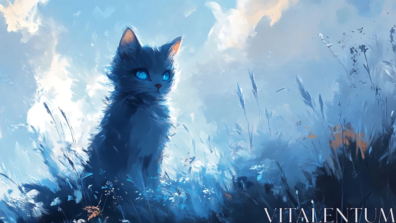 Cerulean Feline Portrait with Luminescent Iris Rendering in Ethereal Landscape