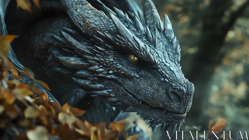 Photorealistic dragon closeup with autumn forest foliage.