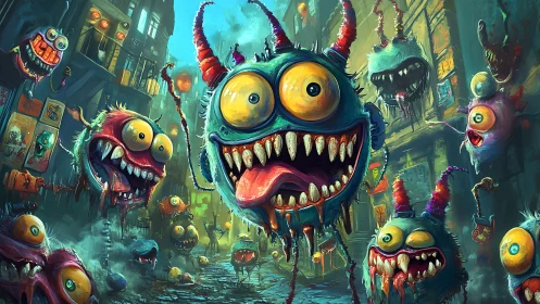 Playful street full of wild, wide eyed cartoon monsters.