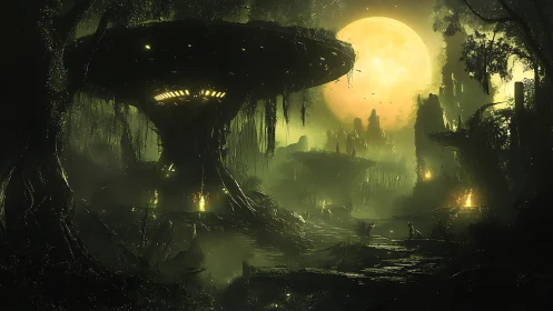 Moonrise crowns the towering jungle city in luminous fog