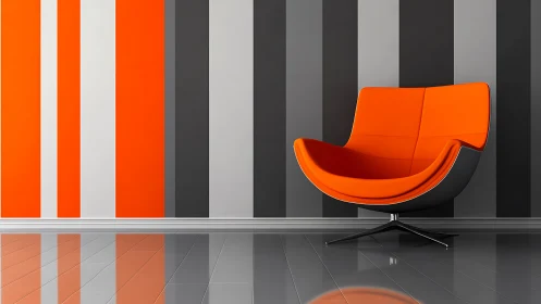 Orange modern lounge chair against striped interior wall.