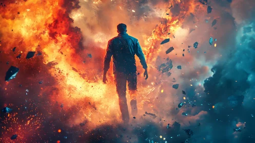 Solitary Figure Silhouetted Against Massive Pyrotechnic Explosion with Volumetric Lighting