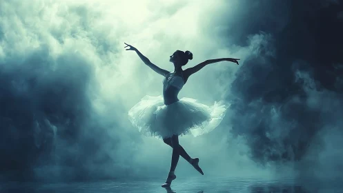 Ballet dancer stands en pointe amid dense atmospheric fog