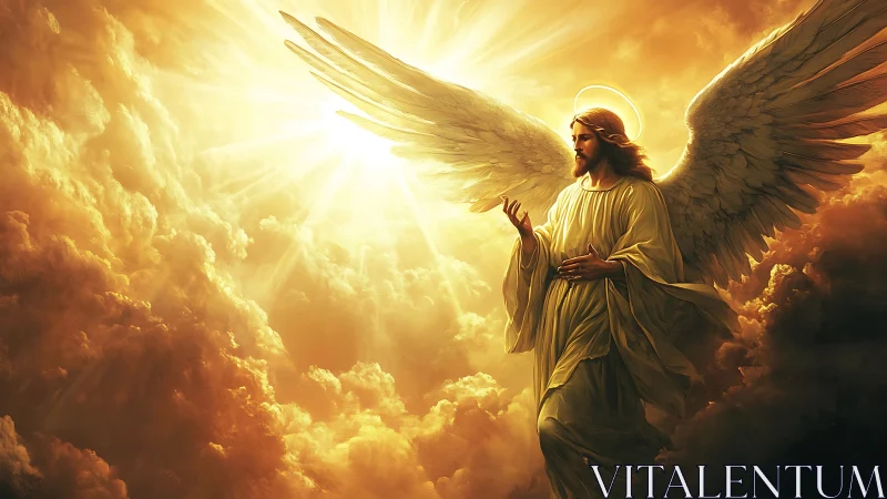 Radiant winged angel in golden luminous celestial clouds