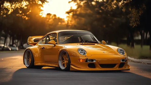 Yellow sports coupe parked on empty street at sunset.