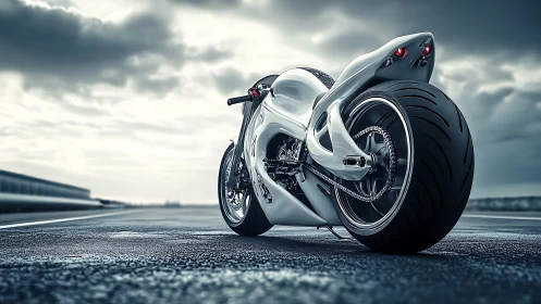 Aerodynamic white superbike on wet highway under stormy sky