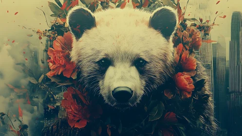 Panda crowned with scarlet blooms over dystopian cityscape.