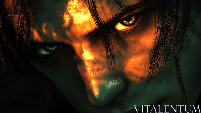 Intense close up of glowing eyed character in shadowed light.