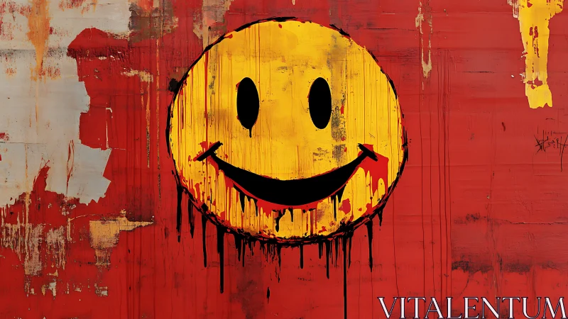 Degraded smile iconography on distressed red urban panel.