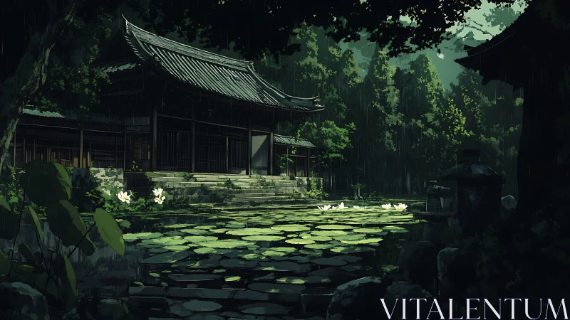 Traditional wooden temple stands before lily-covered pond in rain