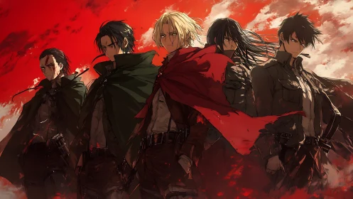 Five anime soldiers stand under red stormy sky.