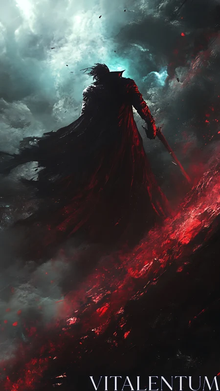 Silhouetted figure stands with sword amid smoke and embers