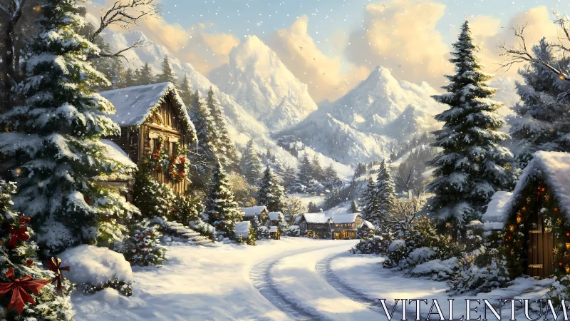 Snow covered mountain village with decorated cabins in winter.
