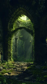 Sunlit forest ruins beneath ivy-clad gothic arches.