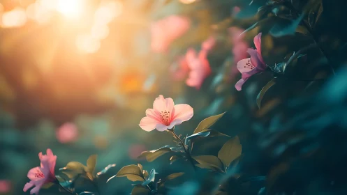 Backlit Pink Flowers with Selective Focus and Warm Golden Hour Lighting