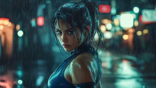 Wet-haired woman stands in neon-lit rain with intense gaze