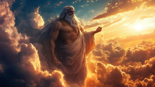 Mythic sky deity in luminous sunset cumulonimbus clouds