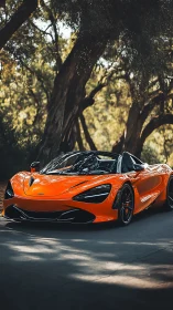 Low-slung orange supercar under dappled forest lighting parked roadside