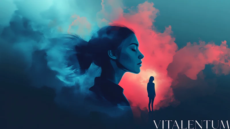 Contemplative woman in blue and red atmospheric clouds.