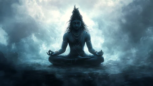 Meditating blue deity sits in misty mountain void