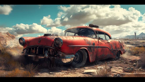Rustic red classic sedan in dry rocky desert landscape.