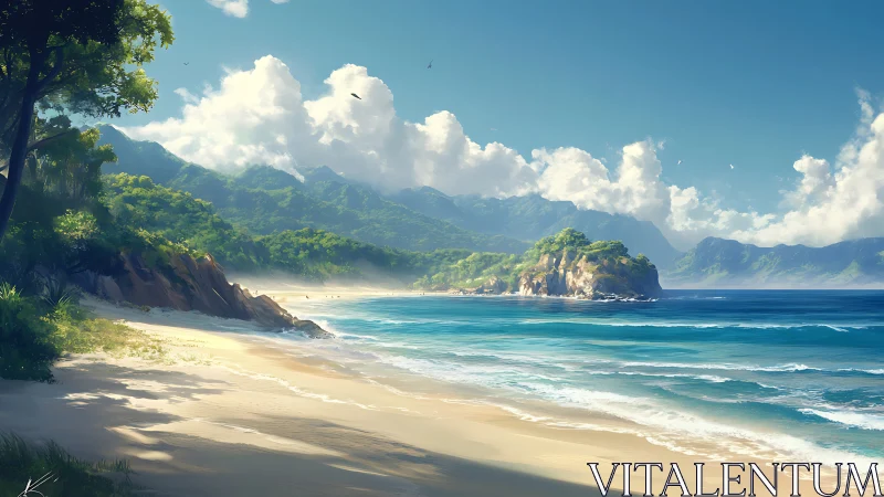 Tropical Coastal Landscape with Verdant Mountains, Distant Island Formation, and Luminous Cloud Cove