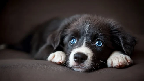 Blue eyed border collie puppy rests on soft dark surface