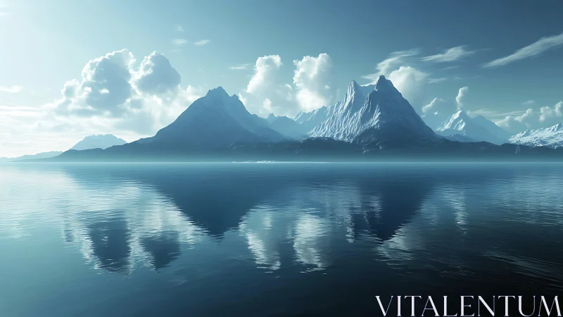 Silent blue mountains mirrored on a glassy northern sea.