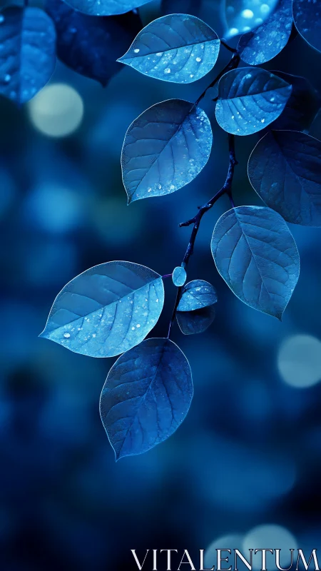 Moonlit sapphire leaves trembling in a quiet bokeh hush.