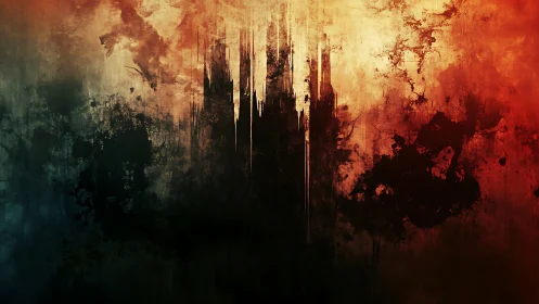 Dark citadel silhouette divides fiery and ashen sky