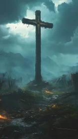 Stormlit graveyard cross rising over rain-drowned ruins.