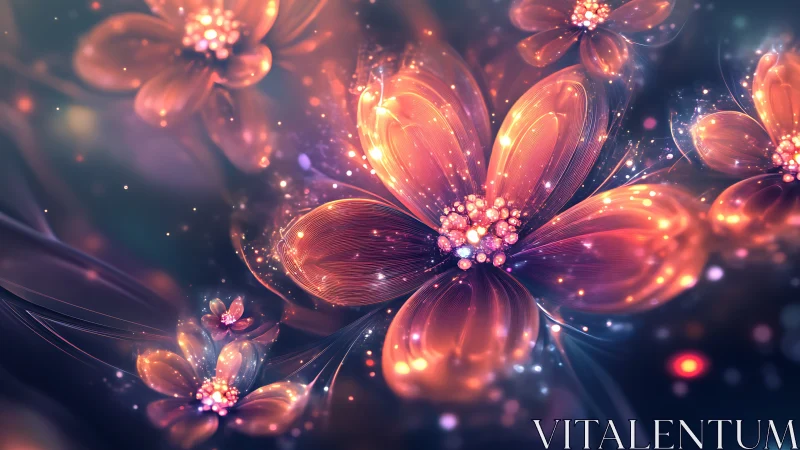 Luminous cosmic blossoms drifting through a dreamy night sky.