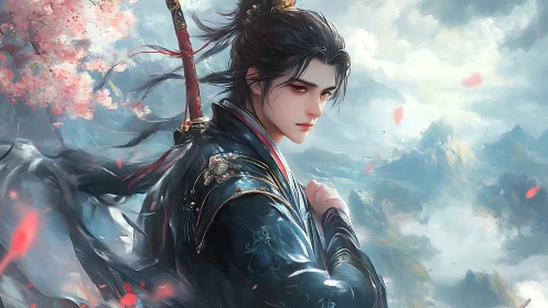 Stoic wuxia swordsman amid swirling petals and clouds.