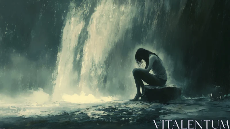 Solitary figure under cascading waterfall in moody digital chiaroscuro