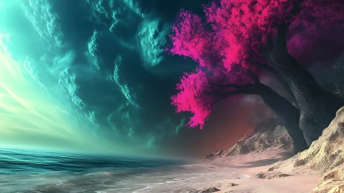 Neon pink coastal tree glows beneath a surreal turquoise sky