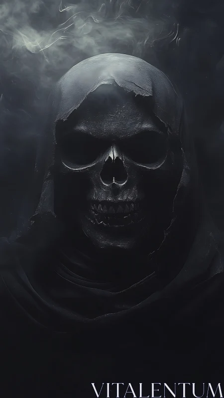 Hooded skeletal visage emerges from dense atmospheric shadow