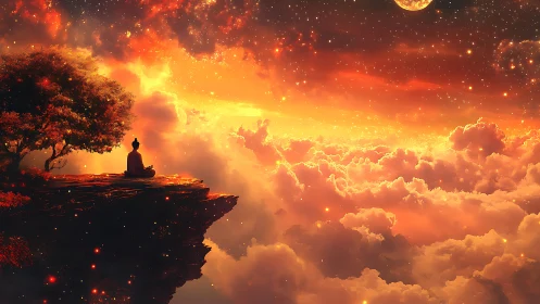 Meditative sage adrift above blazing celestial clouds.