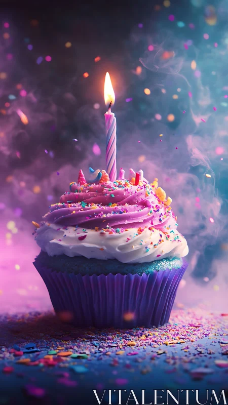 Vibrant cupcake with lit spiral candle on bokeh-illuminated fantasy backdrop