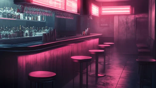 Neon soaked bar counter glows warmly in a quiet night scene