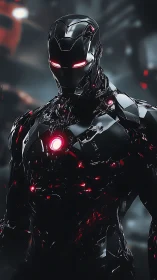 Armored humanoid figure in black exosuit with red lighting