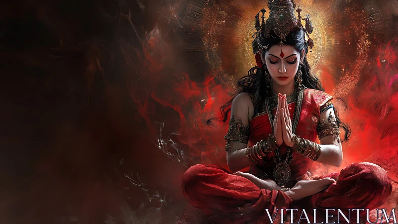 Flame crowned goddess in scarlet meditation amid cosmic embers.