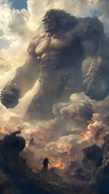 Colossal armored titan figure in stormy volcanic clouds.