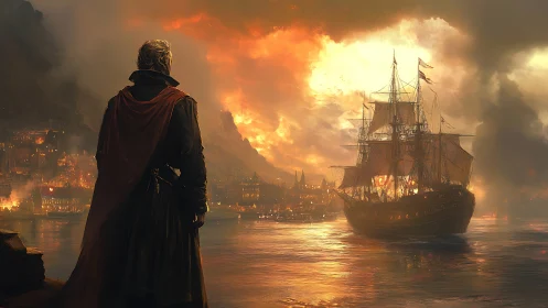Cloaked commander watches burning harbor and warship departure.