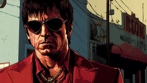 Streetwise cool in crimson suit under a fading city sky.