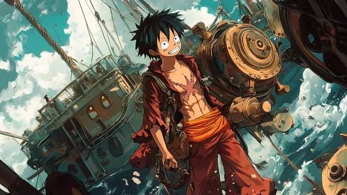 Anime pirate hero amid storm-tossed steampunk fleet.