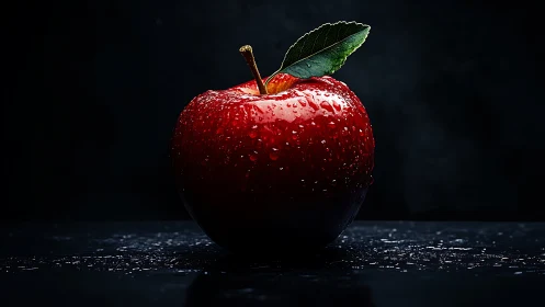 Ruby twilight apple crowned in dew against velvet dark.