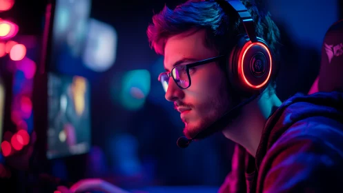Focused esports gamer with RGB headset at PC battlestation.