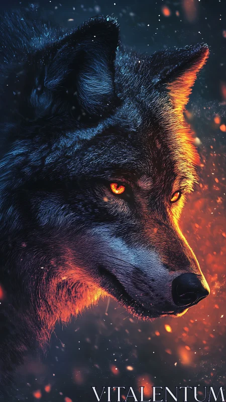 Wolf head rendered with intense orange and blue lighting effects